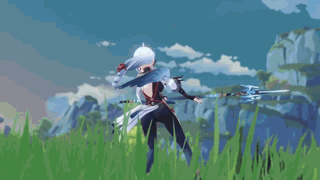 a woman in a video game is holding a sword
