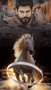 a man with a beard is standing next to a horse with a ring around it