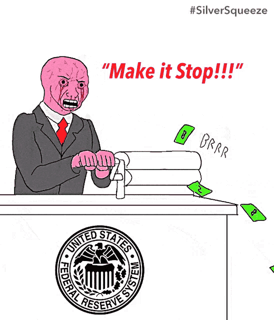 a cartoon of a man holding a silver ounce coin