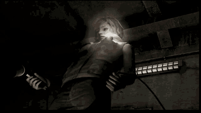 a video game character is standing in a dark room with a light on her vest