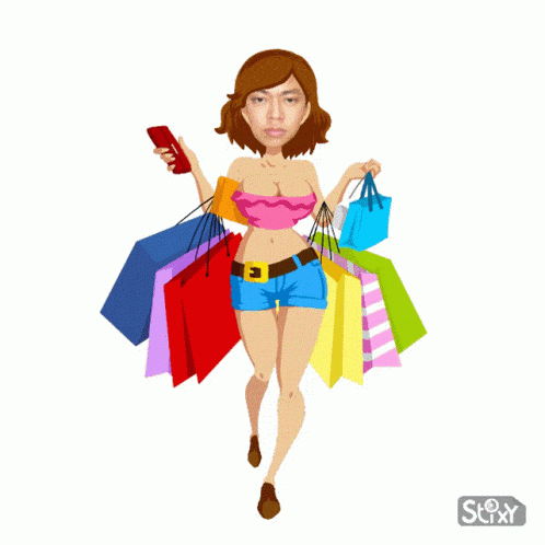 a cartoon of a woman holding shopping bags and the words shop till