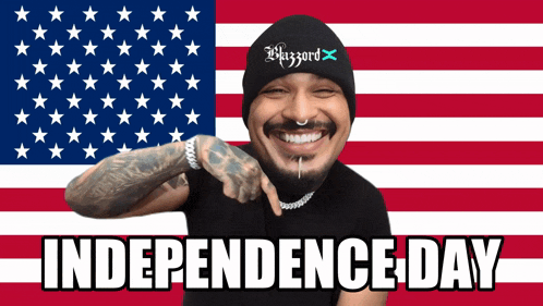 a man in front of an american flag with the words independence day