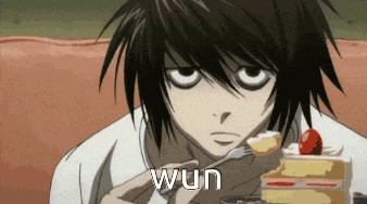 a cartoon character is eating a piece of cake with the word wun written on the bottom