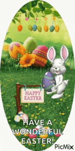 a picture of a bunny holding an easter egg and a sign that says happy easter .