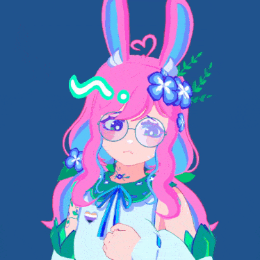 a drawing of a girl with pink hair and flowers on her head