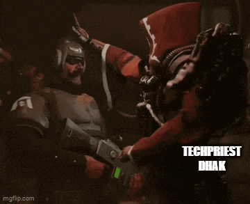 a video game character is fighting another character with the words +1 wiz point techpriest dhak on the bottom