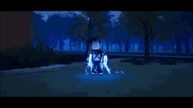 a roblox character is standing in a forest with a blue light coming out of his arms .