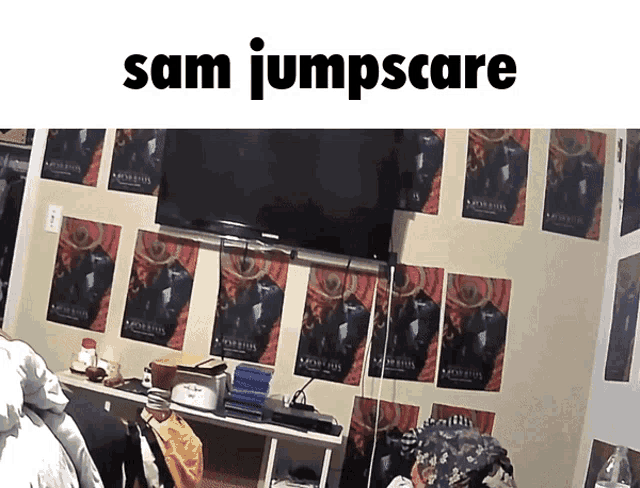 a room with posters on the wall and the words sam jumpscare on the bottom