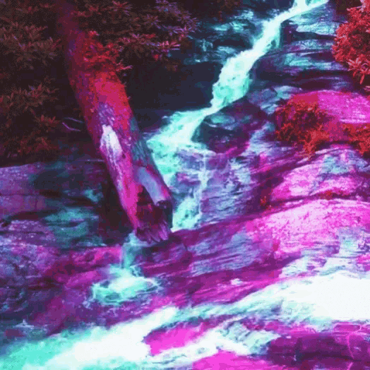 a painting of a waterfall with purple and green colored water