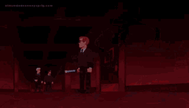 a cartoon character in a suit and tie is holding a red light