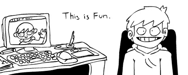 a black and white drawing of a computer with the words " this is fun " below it