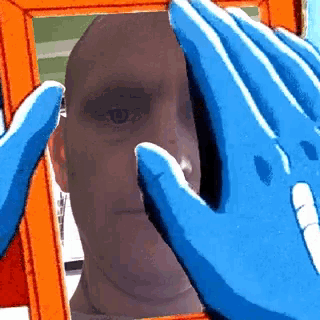 a cartoon of a man looking at himself in a mirror with blue hands