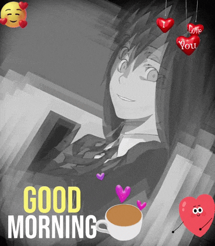 a picture of a girl with a cup of coffee and the words " good morning "