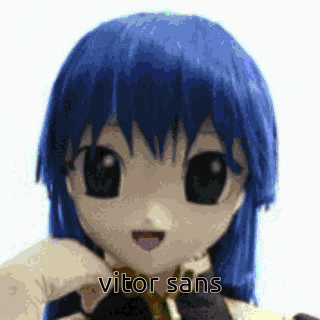 a close up of a doll 's face with the words vitor sans written below it