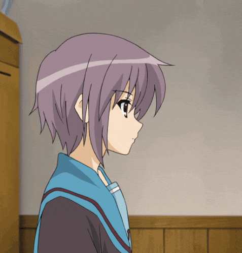 a girl with short purple hair stands in front of a wooden wall