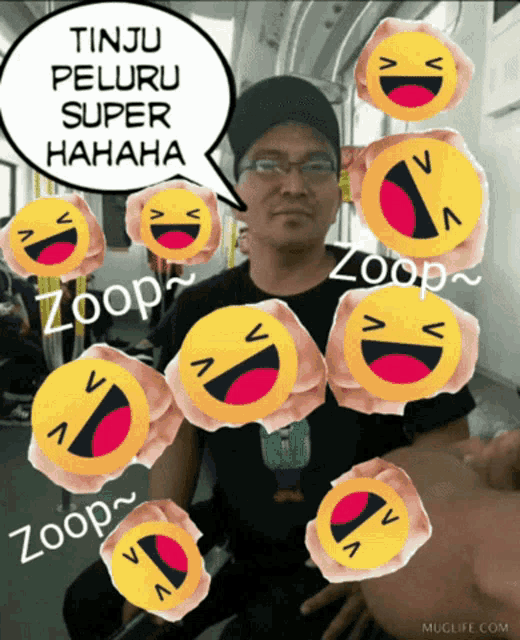 a man is surrounded by smiley faces and a speech bubble says tinju peluru super hahaha
