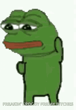 a pixel art of a frog with a sad face standing on a white background .