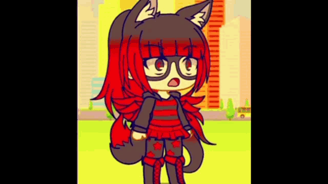a cartoon girl with red hair and glasses is standing in a field .