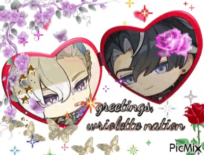 a couple of anime characters in heart shaped frames with the words greetings wriolette nation on the bottom