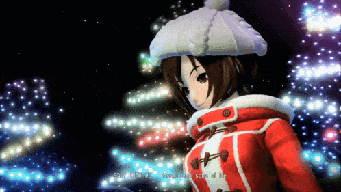 a girl in a red coat and white hat says " stay with me "