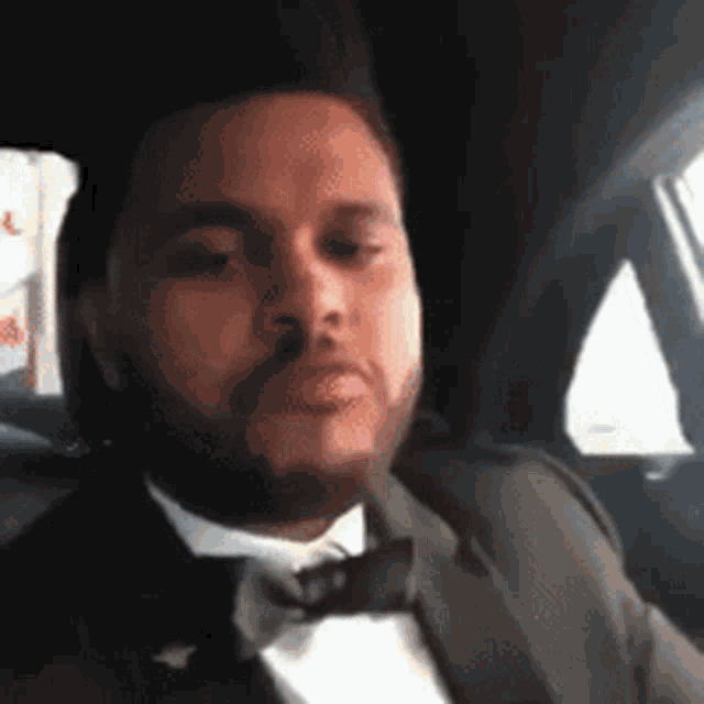 a man with a beard wearing a tuxedo and bow tie is sitting in the back seat of a car .