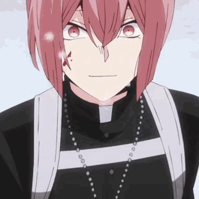 a close up of a person with pink hair wearing a priest 's uniform