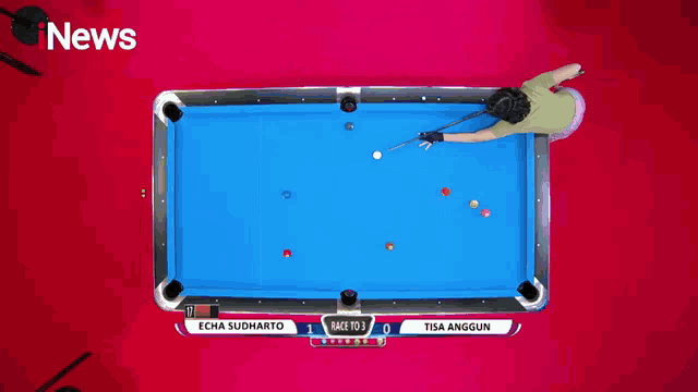 a pool table with the word news on the bottom left