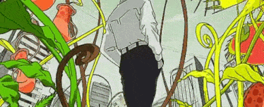 a cartoon of a man standing in a garden surrounded by plants and buildings .