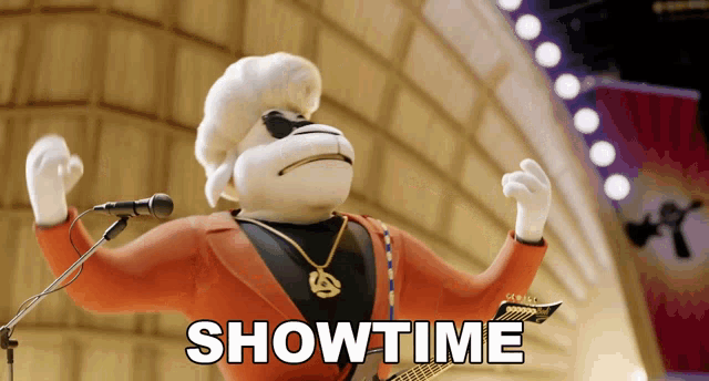 a cartoon character is singing into a microphone and the word showtime is on the bottom