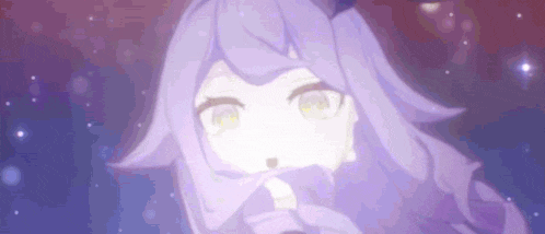 a close up of a purple haired anime girl with a purple background .