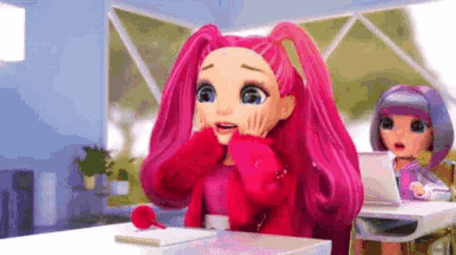 a doll with pink hair is sitting at a desk in a classroom .