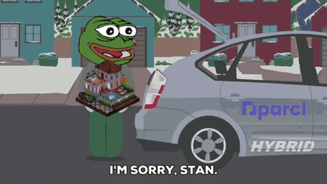 a cartoon character says i 'm sorry stan in front of a hybrid vehicle