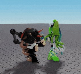 two cartoon characters are standing next to each other on a tiled floor