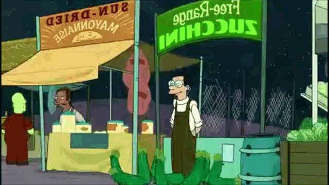 a cartoon of a man standing in front of a sign that says mushroom
