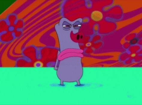 a cartoon character with a pink scarf around his neck is standing in front of a psychedelic background .