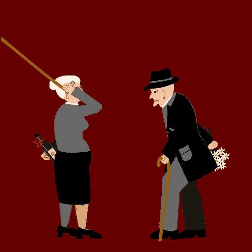 a cartoon of an elderly couple with a man holding a stick