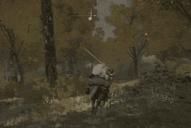 a video game where a knight is riding a horse and fighting another knight with a sword