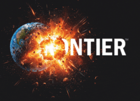 a logo for frontier shows a planet exploding