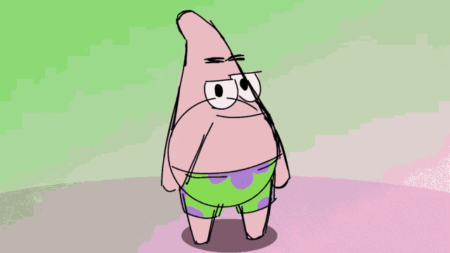 a cartoon drawing of patrick star from spongebob squarepants with a green background