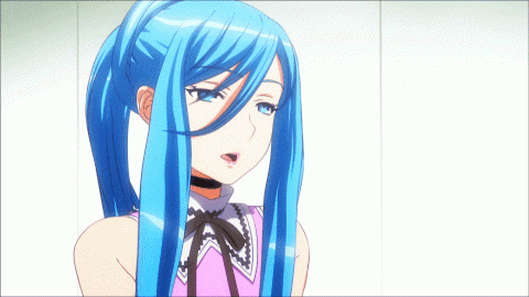 a girl with blue hair is wearing a purple shirt