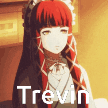 a girl with red hair is wearing a maid outfit and the name trevin is on the bottom
