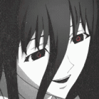 a black and white drawing of a person with red eyes