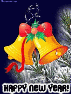 a happy new year greeting card with two bells on a tree branch