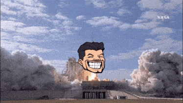a cartoon of a man smiling in front of a rocket launch with nasa in the background