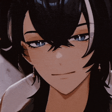a close up of a person 's face with blue eyes and black hair
