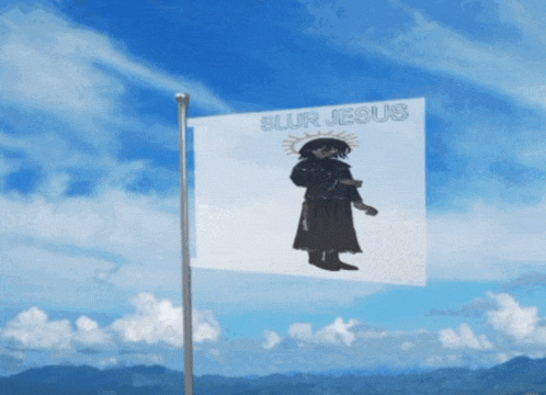 a flag that says blur jesus on it is flying in the wind