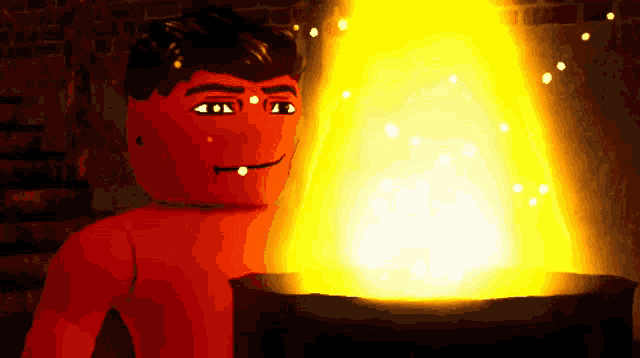 a red cartoon character is standing in front of a large fire