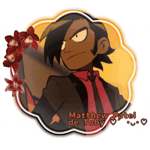 a cartoon drawing of matthew de toby with flowers in the background