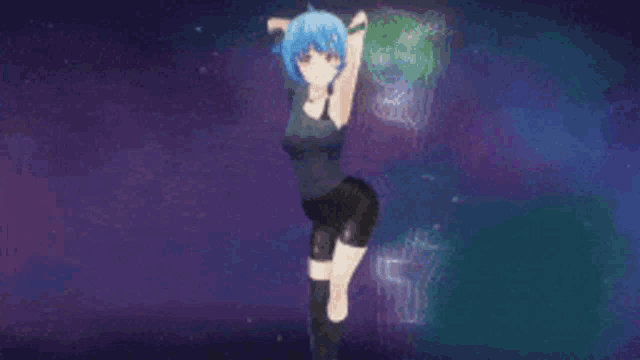 a blue haired anime girl is dancing in a dark room .