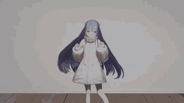 a girl with long blue hair and a white coat is dancing